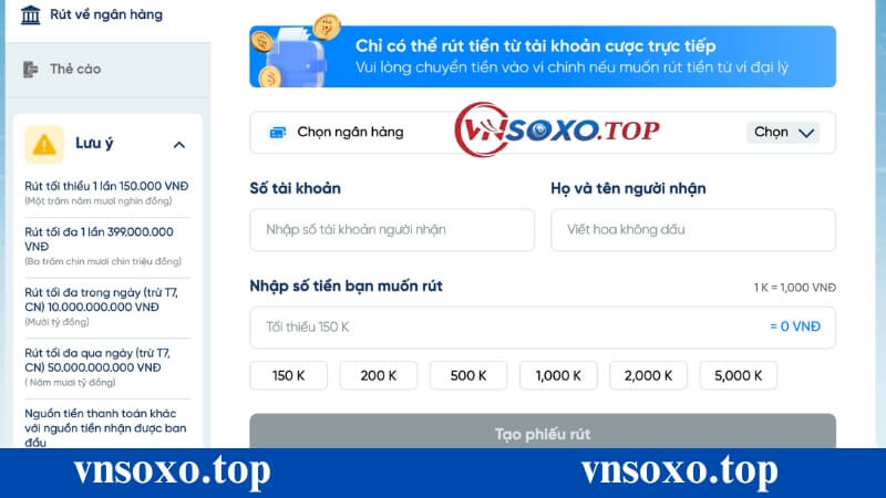 Rút tiền về tài khoản ngân hàng tại Vnsoxo Rút tiền về tài khoản ngân hàng tại Vnsoxo